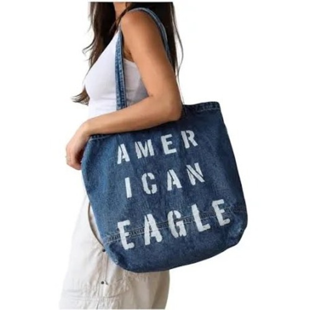 American Eagle Outfitters Blue Denim Tote Bag Stenciled Logo Distressed Cotton